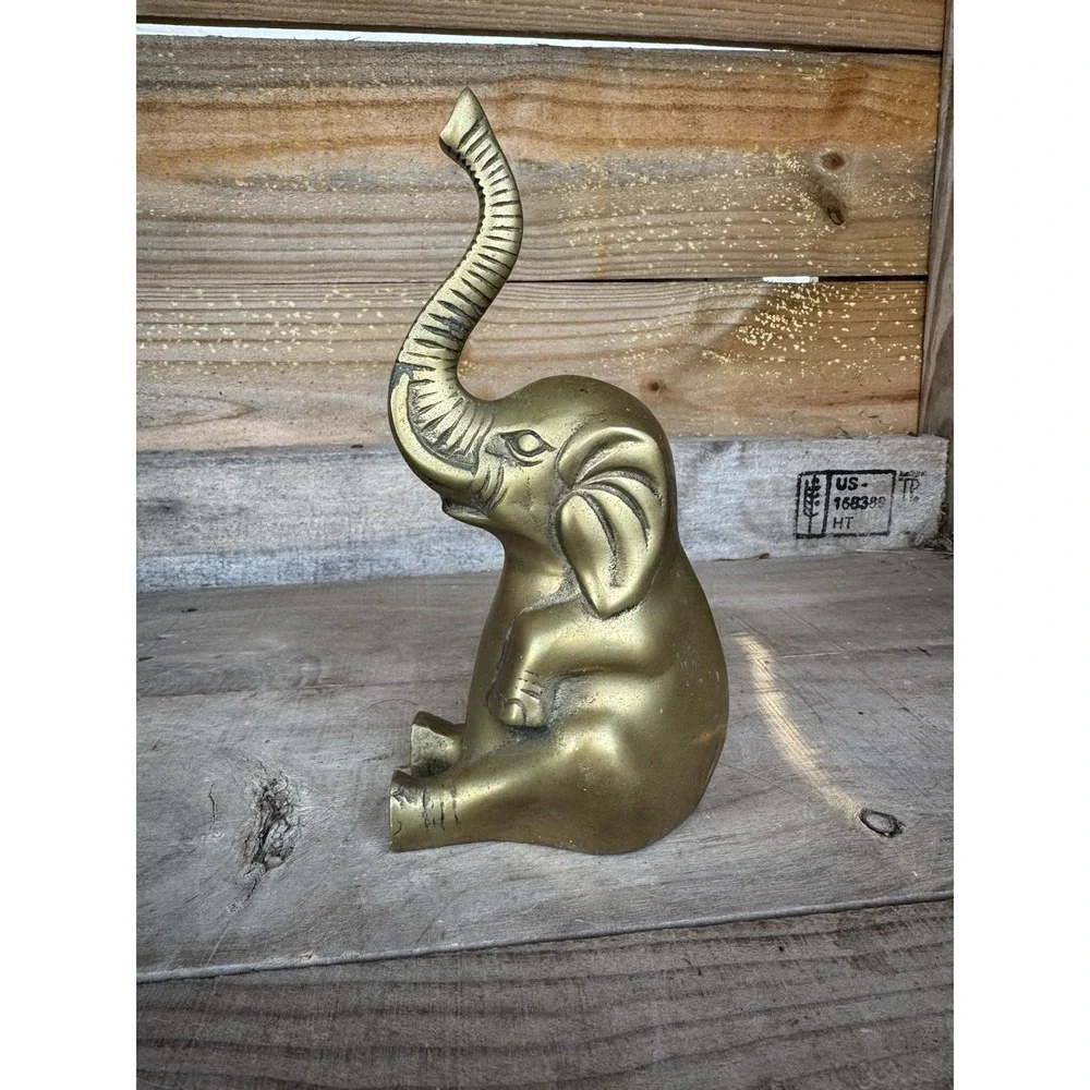 Vintage Solid Brass Elefant Hollywood Regency‎ Ornate Statue Lucky Trunk Up